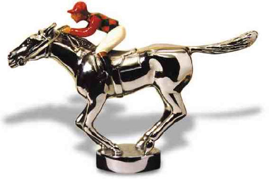 Newmarket, galloping thoroughbred racehorse, with jockey - small Car Bonnet Mascot Hood Ornament