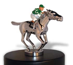 Newmarket, galloping thoroughbred racehorse, with jockey - small Car Bonnet Mascot Hood Ornament
