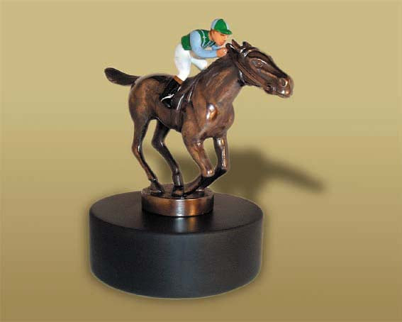 Newmarket, galloping thoroughbred racehorse, with jockey - small Car Bonnet Mascot Hood Ornament